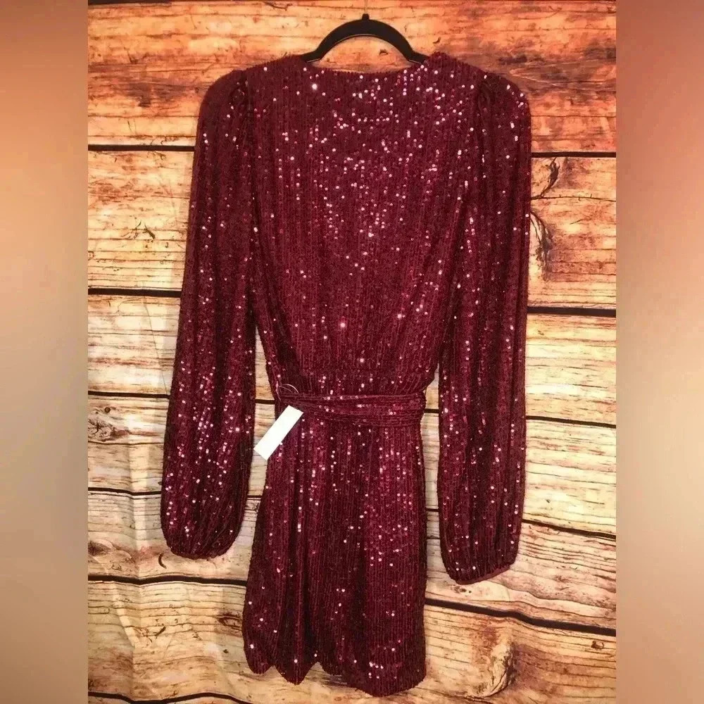 🍒💃🏻Cherry Bomb💃🏻🍒 Red Burgundy Long sleeve Sequin Wrap Dress NWT - Picture 12 of 14